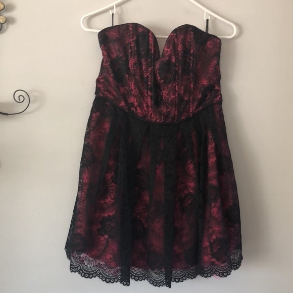 NEW Bebe Black Lace Pink Tulle Prom Winter Formal Dance Fit & Flare Mini L Dress - Picture 1 of 16